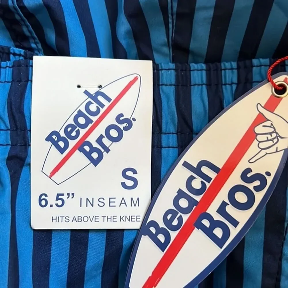 Beach Bros Swim Trunks Mens Small Blue‎ Navy Vertical Stripes Stretch Waist Mesh